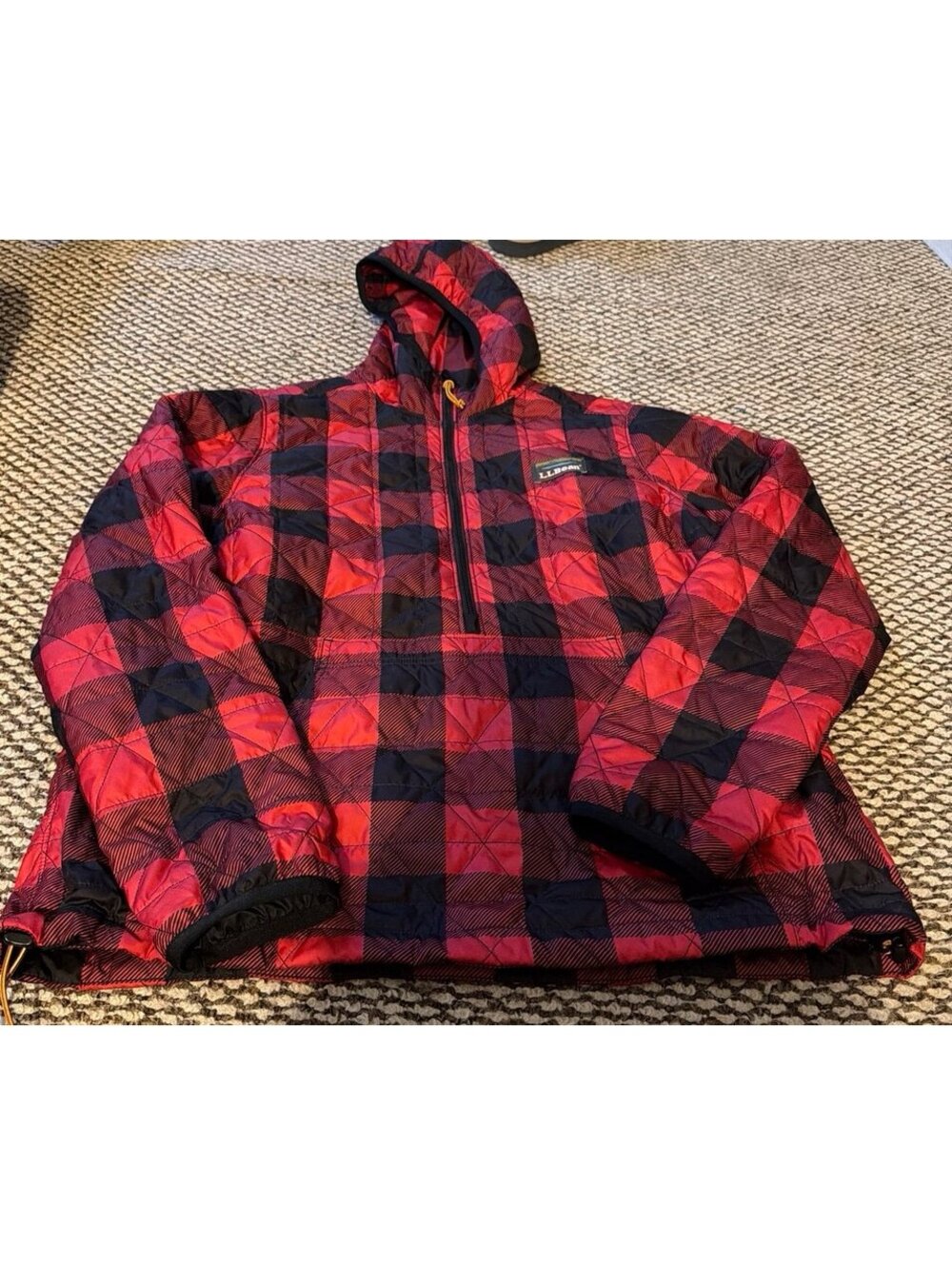 LL Bean Womens L Katahdin Red Buffalo Plaid Half Zip Hooded Pullover Primaloft